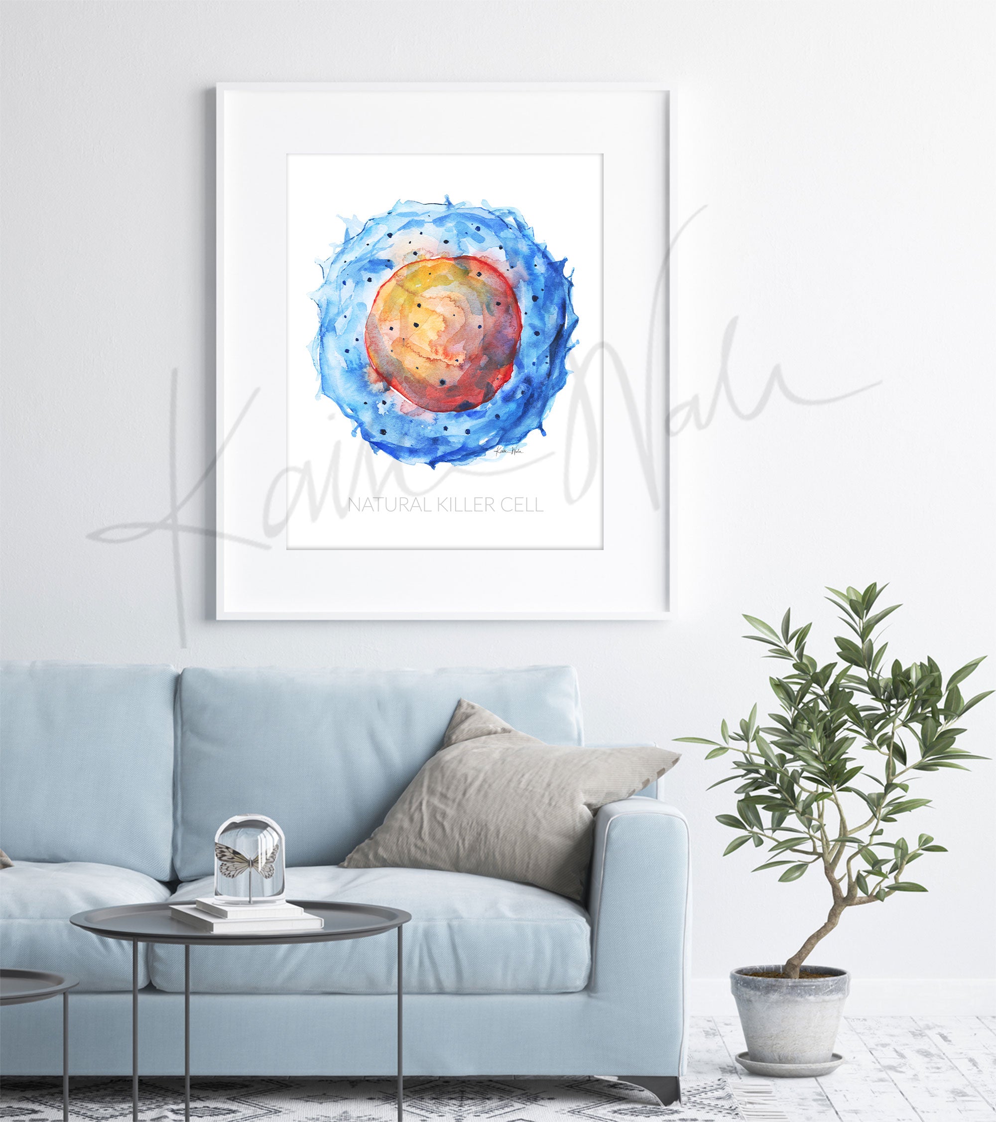 Framed watercolor painting of a natural killer cell. The painting is hanging over a blue couch.