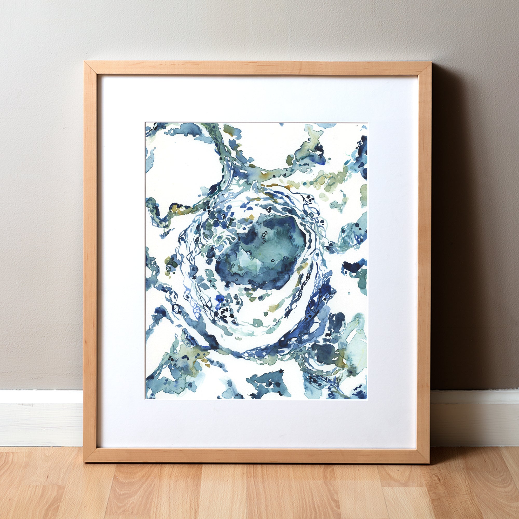 Framed watercolor painting of a granuloma histology in blues and greens