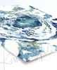 Unframed watercolor painting at an angle of a granuloma histology in blues and greens.