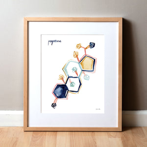 Framed watercolor painting of the progesterone hormone molecular structure.