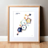 Framed watercolor painting of the progesterone hormone molecular structure.