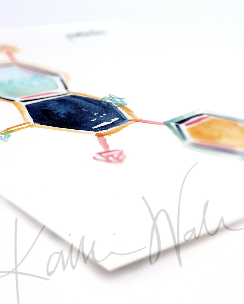 Angled view of a watercolor painting of prolactin hormone molecular structure.