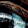 Up close view of a watercolor painting of a zoomed in perspective of a horse eye. The iris is light blue and the horse is painted a warm brown.