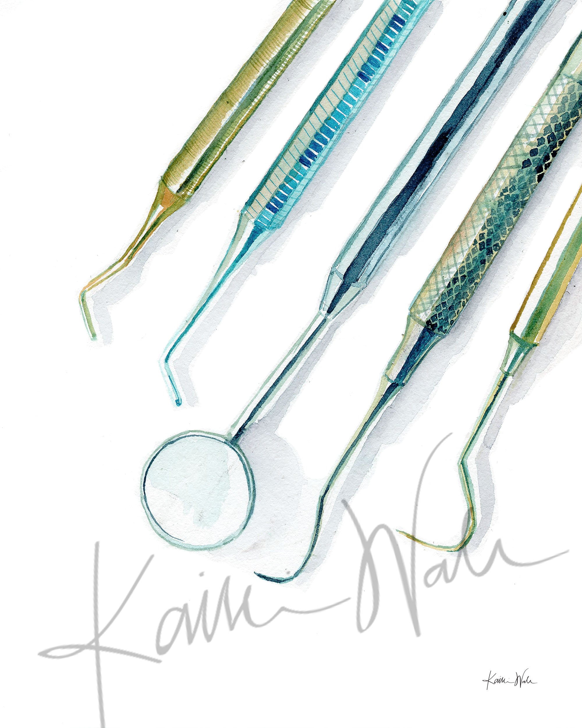 Unframed watercolor print of dental hygienist tools.