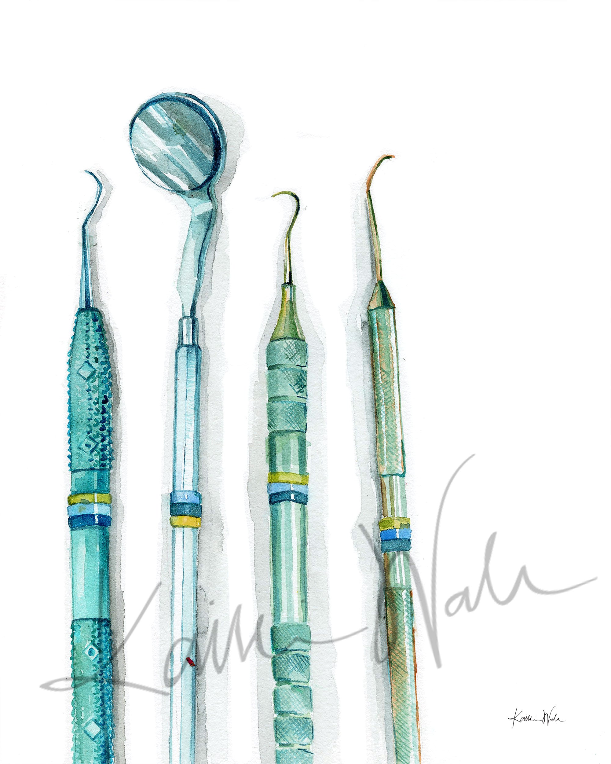 Unframed watercolor print of dental hygienist tools.