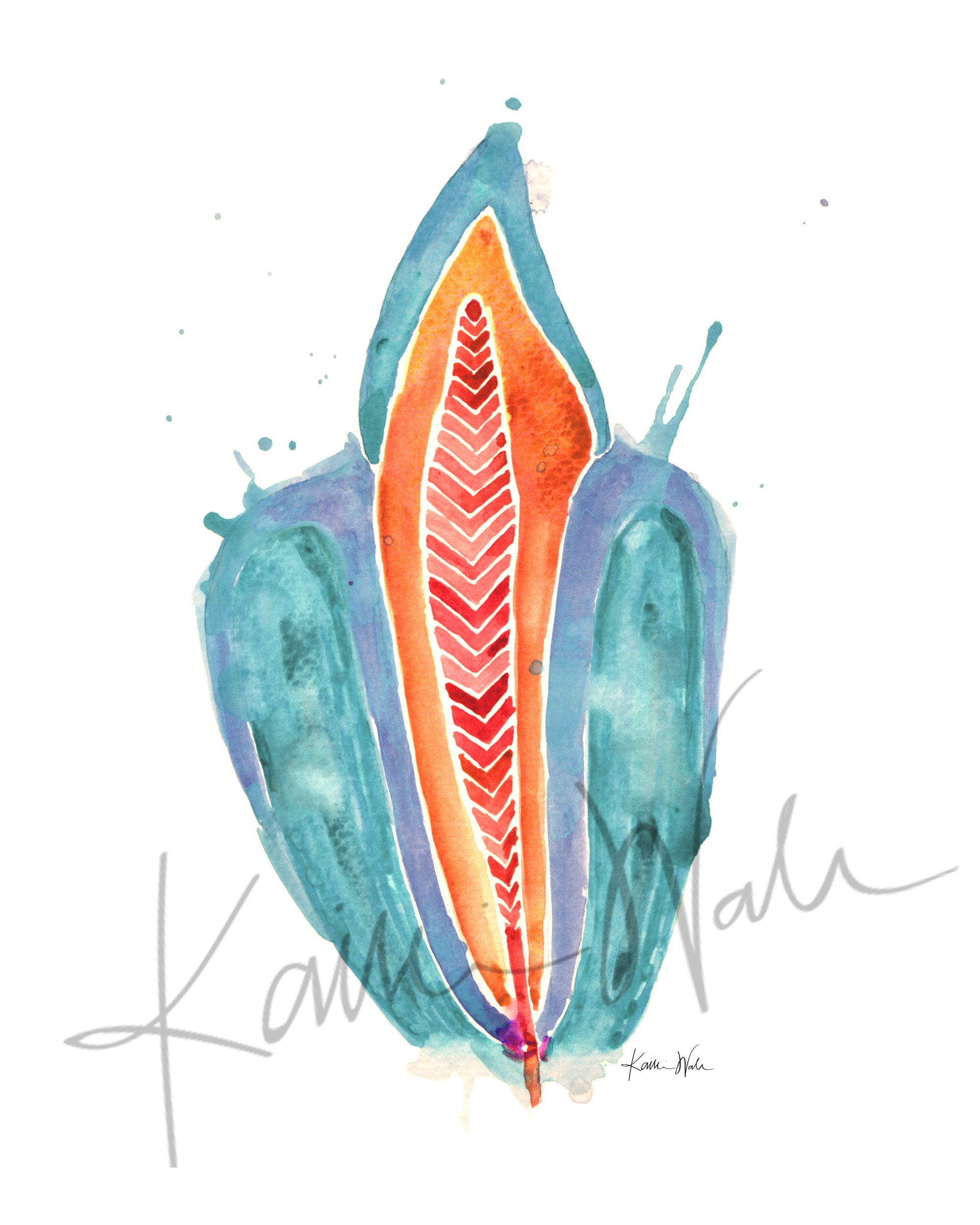 Unframed watercolor painting of an abstract incisor in teal, orange, and red.