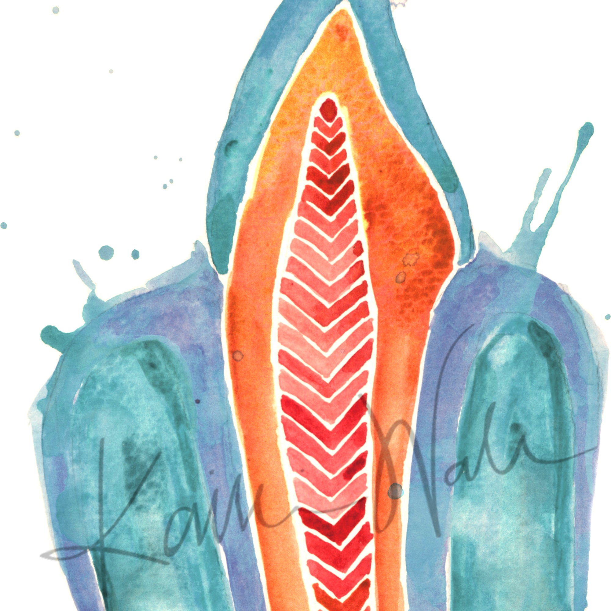 Zoomed in view of a watercolor painting of an abstract incisor in teal, orange, and red.