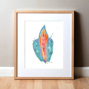 Framed watercolor painting of an abstract incisor in teal, orange, and red.