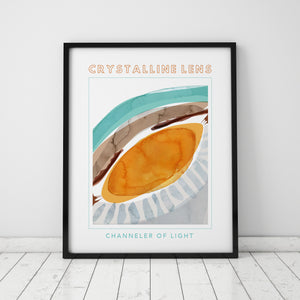 Framed contemporary poster design of the lens in teal, brown, orange, and gray.