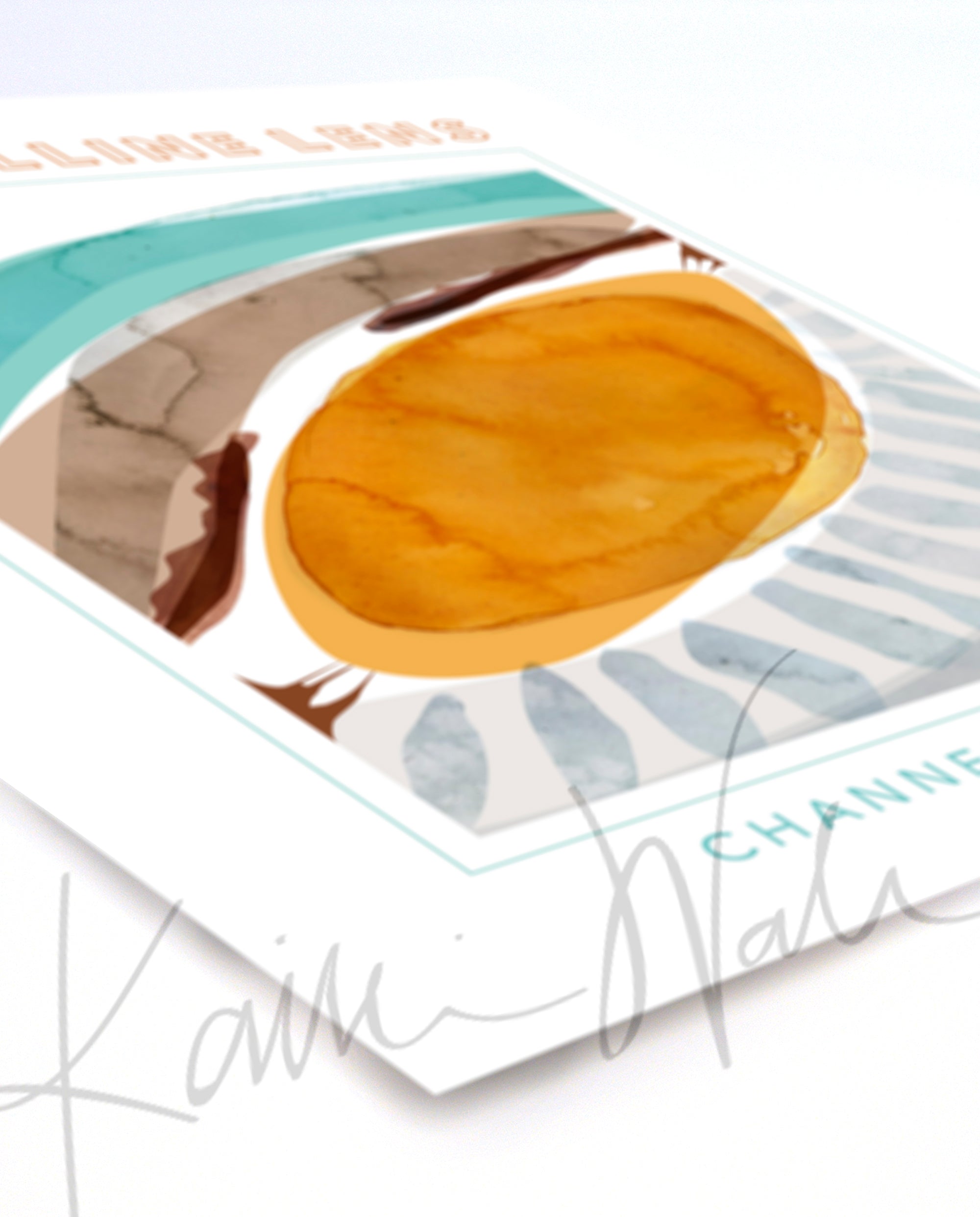 View of a contemporary poster design of the lens in teal, brown, orange, and gray of the lens in teal, brown, orange, and gray. The painting is at an angle.