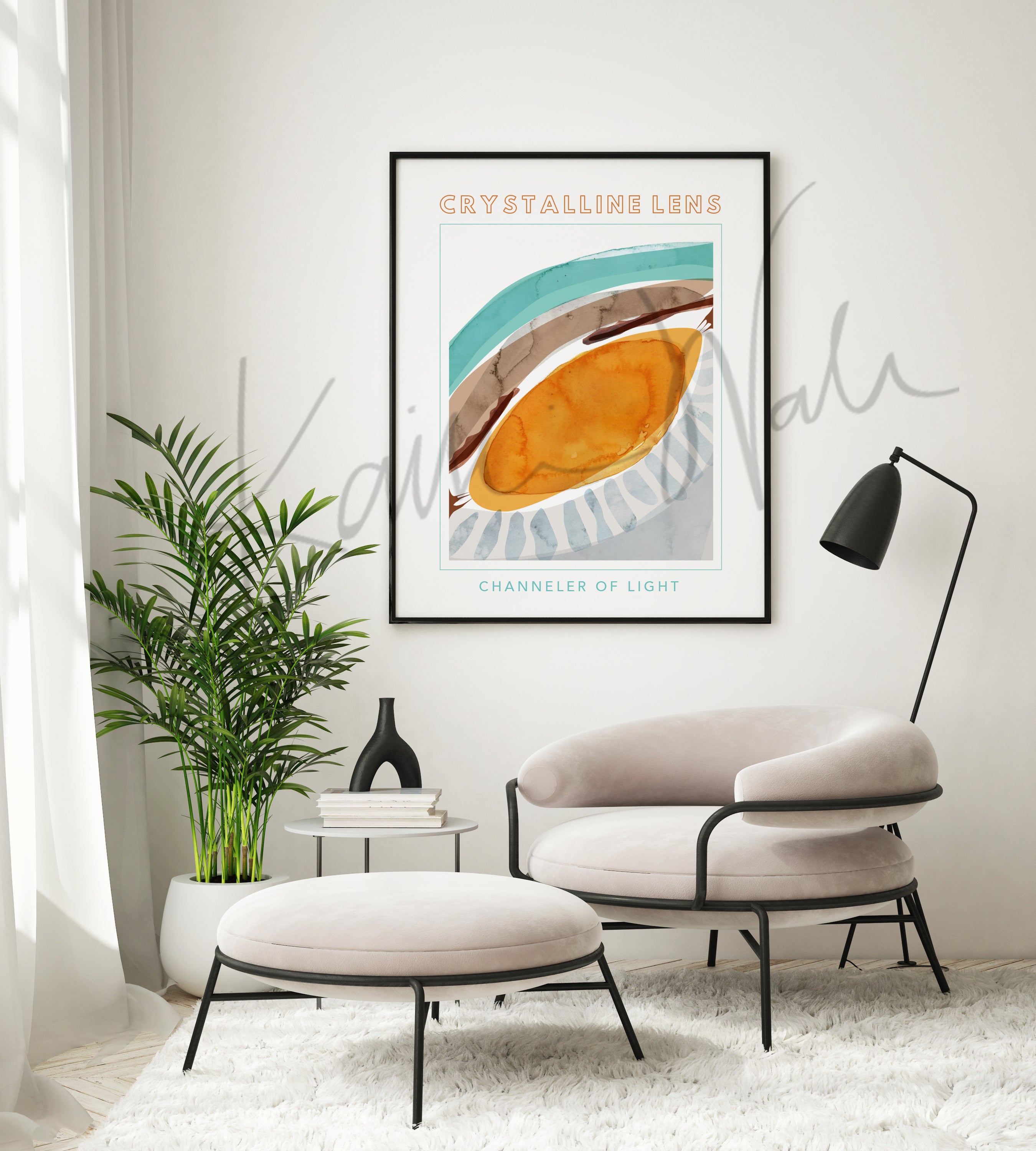 Framed contemporary poster design of the lens in teal, brown, orange, and gray. The painting is hanging over beige chair and footstool, plant, and black floor lamp.