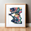 Framed colorful, abstract watercolor painting of a lung dissection in navy, green, yellow, and pink.