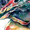 Zoomed in view of a colorful, abstract watercolor painting of a lung dissection in navy, green, yellow, and pink. 