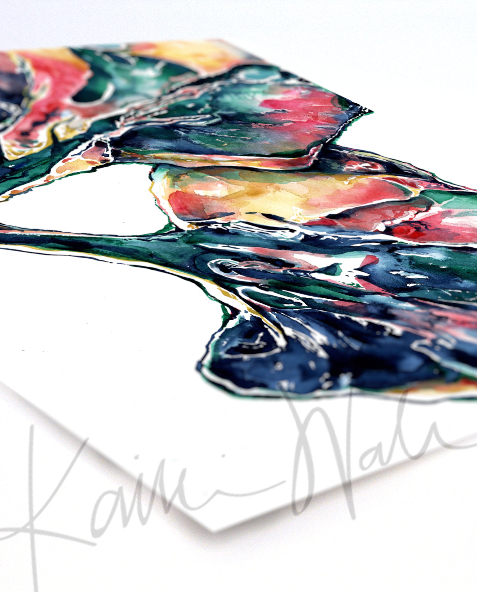 Unramed colorful, abstract watercolor painting at an angle of a lung dissection in navy, green, yellow, and pink. 