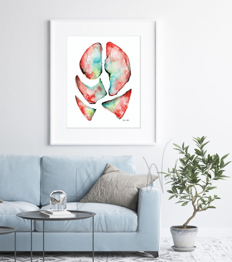 Lungs In Teal Green And Red Print Watercolor