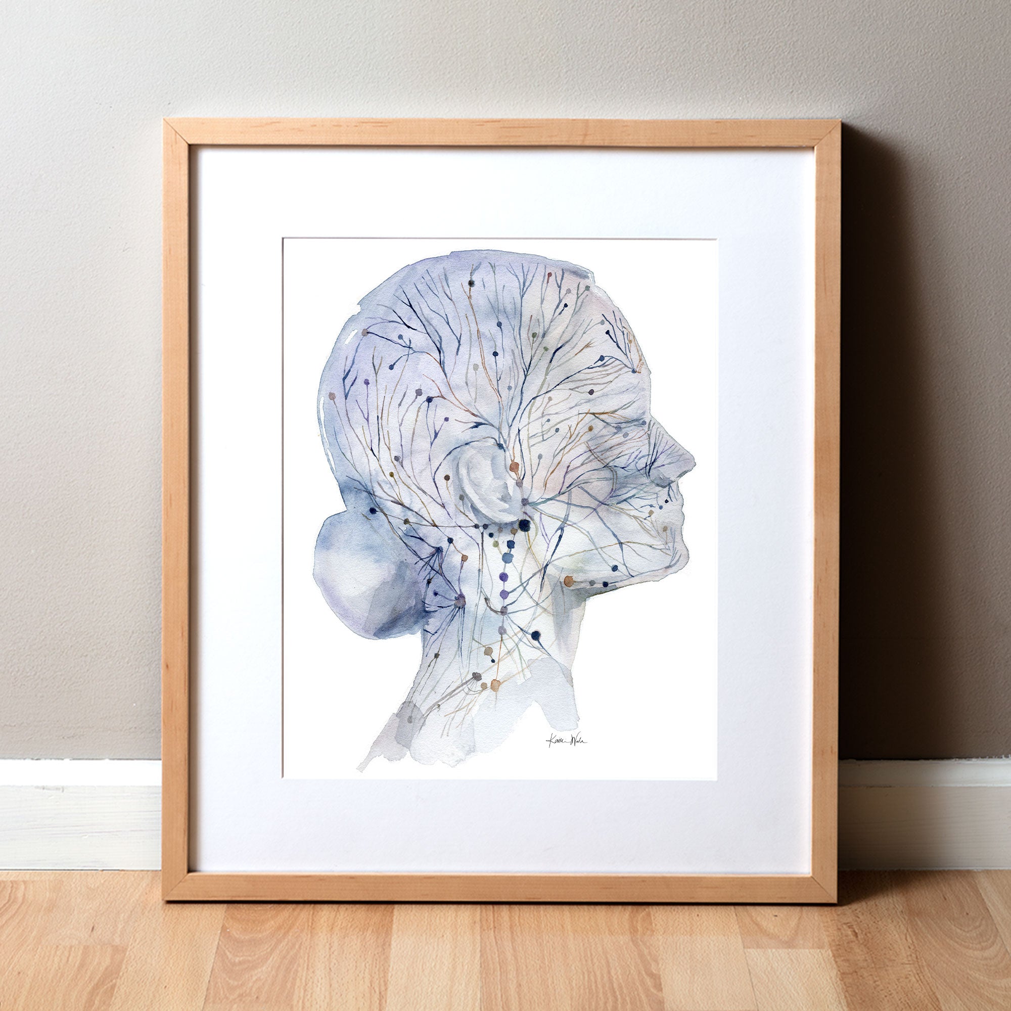 Framed watercolor painting of a head and neck showing the lymphatic system.