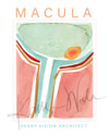 Unframed contemporary poster design of the macula in pale green, teal, pink, red, and orange.