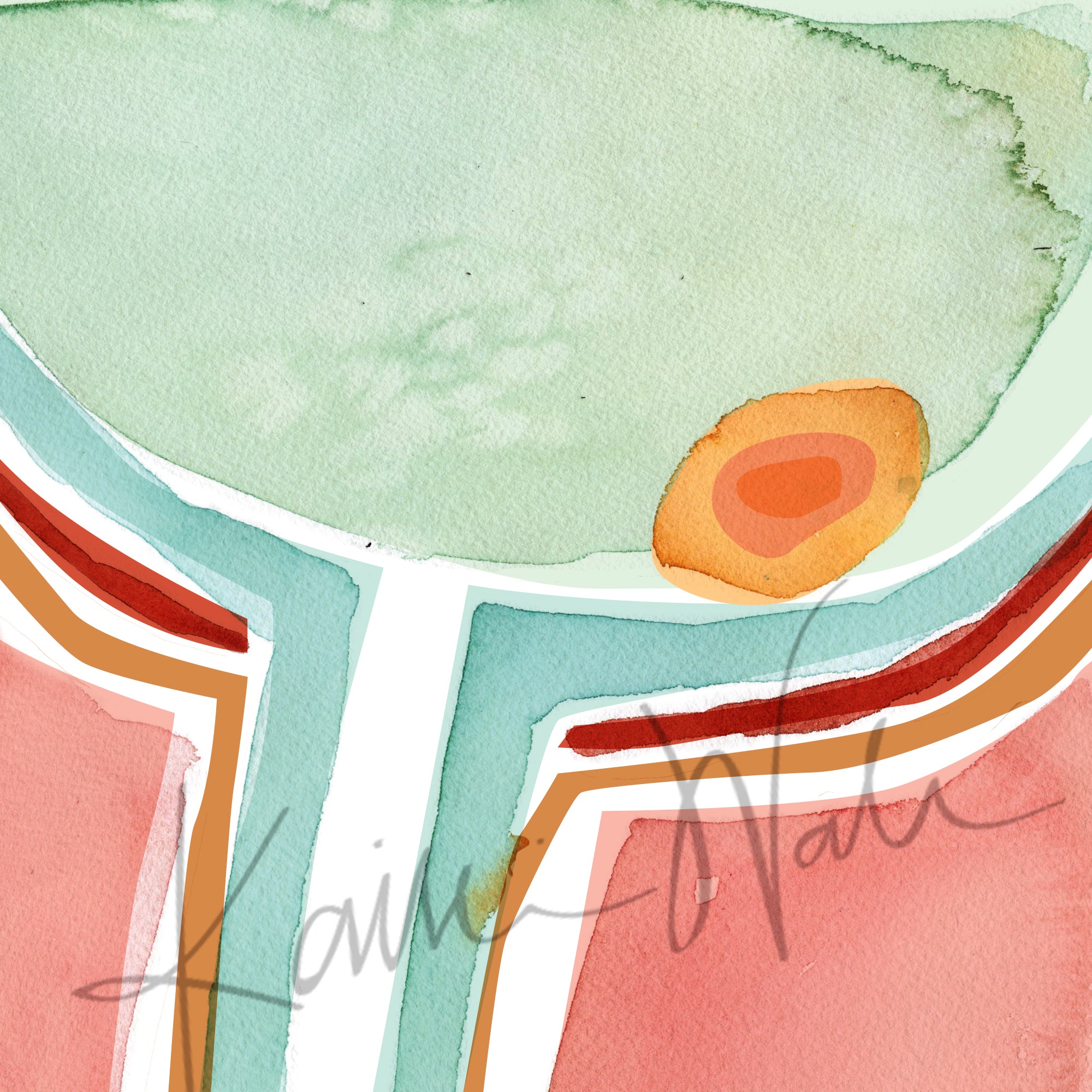 Zoomed in view of a contemporary poster design of the macula in pale green, teal, pink, red, and orange.