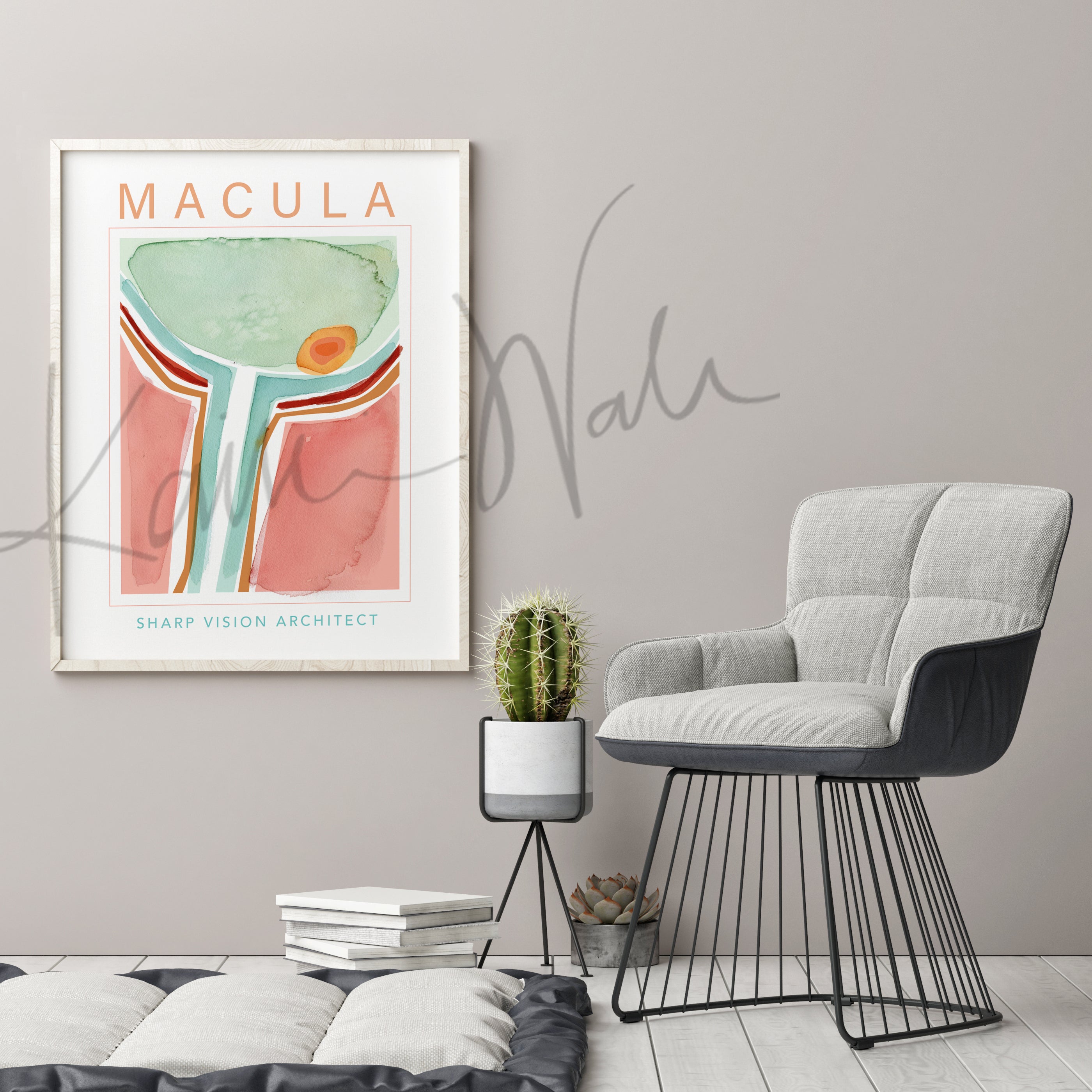 Framed contemporary poster design of the lens in teal, brown, orange, and gray. The painting is hanging on a gray wall over a gray chair and a cactus.
