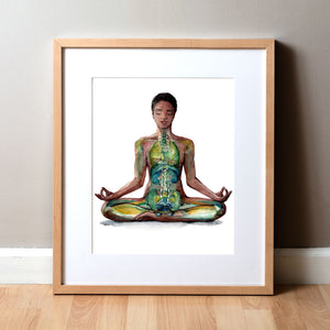 Framed watercolor painting of a woman of color in a peaceful yoga pose.