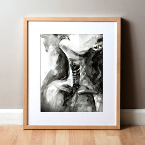 Framed watercolor painting of a woman with her face up taking a deep breath. Showing some of the throat and chest anatomy
