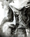 Unframed watercolor painting of a woman with her face up taking a deep breath. Showing some of the throat and chest anatomy