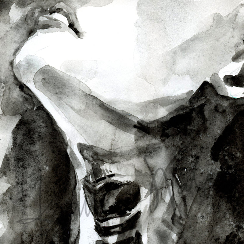 Zoomed in view of a watercolor painting of a woman with her face up taking a deep breath. Showing some of the throat and chest anatomy