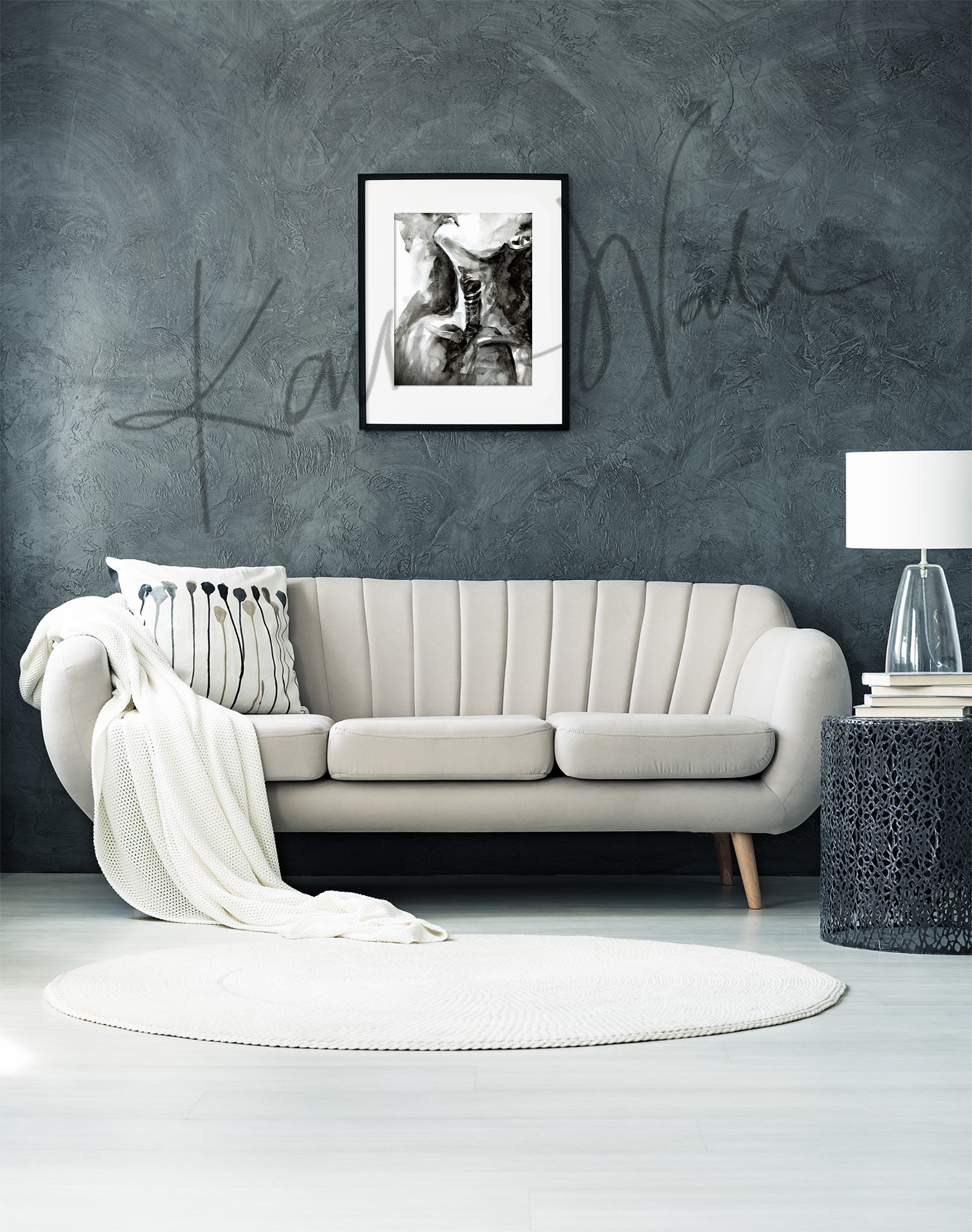 Framed watercolor painting of a woman with her face up taking a deep breath. Showing some of the throat and chest anatomy. The painting is hanging over a white couch.