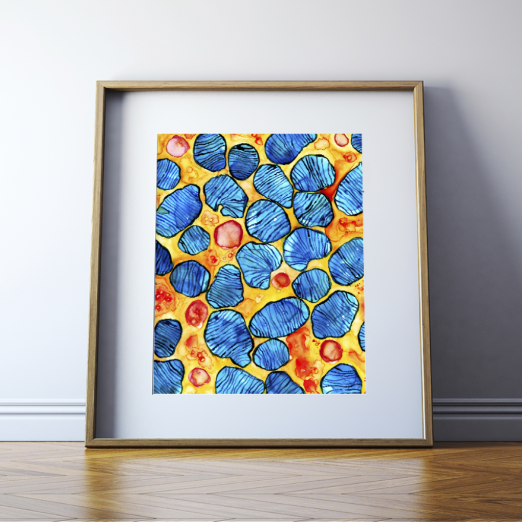Framed Abstract Mitochondria Print Watercolor- Powerhouse of the cell- Abstract Anatomy Art