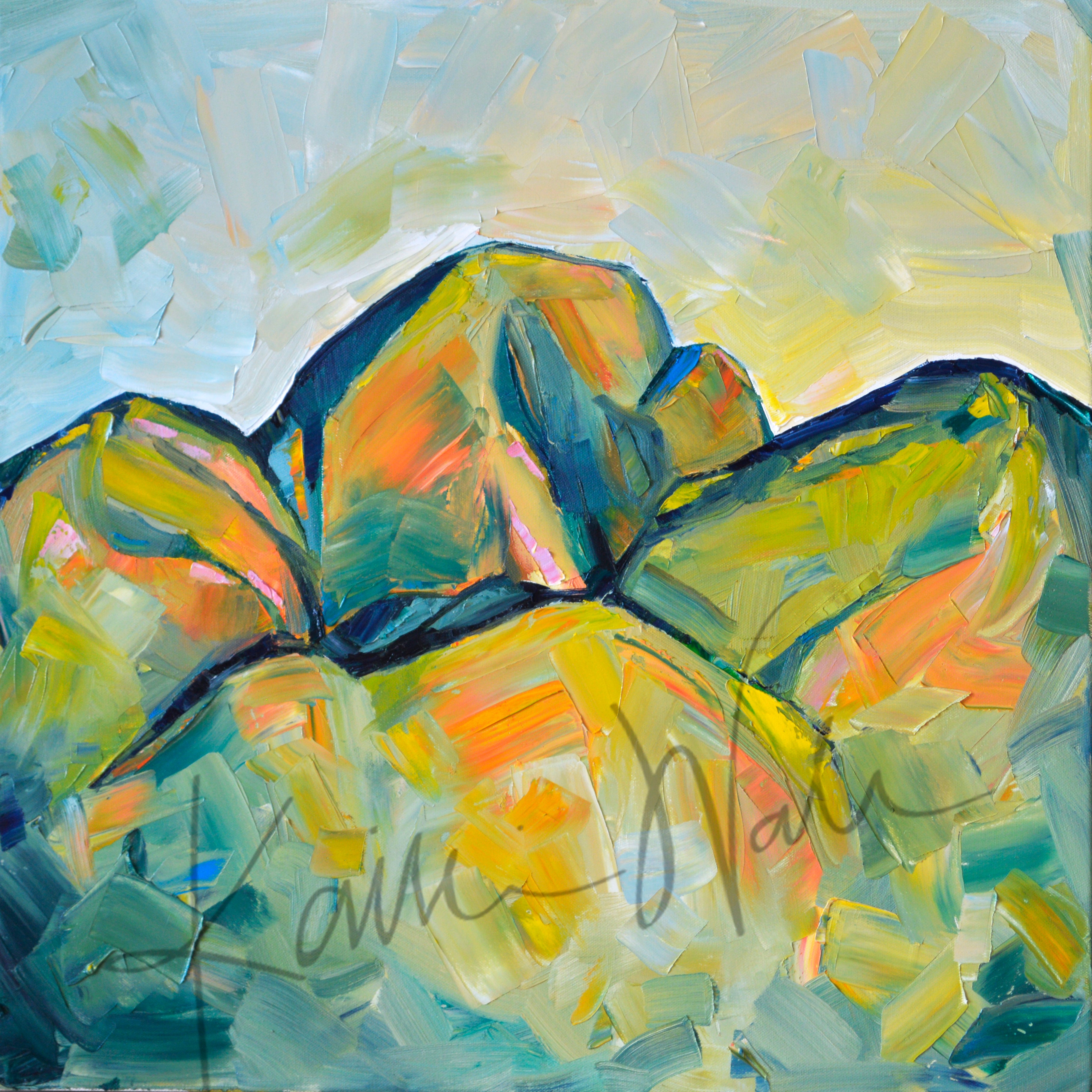 Oil painting of an abstract molar tooth painted to look like mountains.