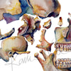 Zoomed in view of a watercolor painting of a side view of an exploded skull.