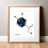 Framed watercolor painting of the norepinephrine hormone structure in blues, yellow and reds.