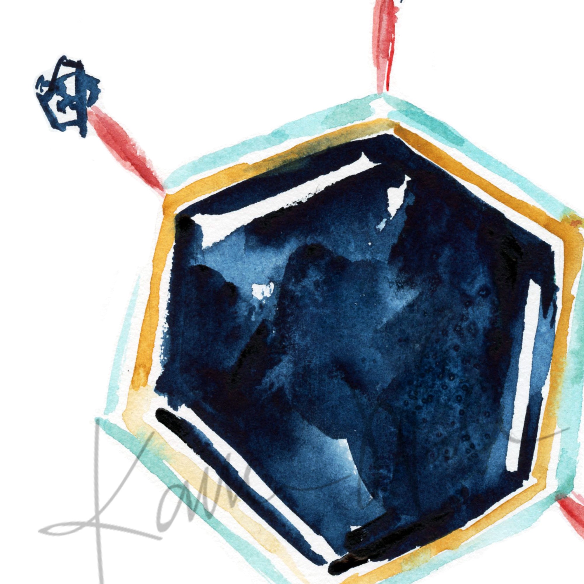 Zoomed in view of a watercolor painting of the norepinephrine hormone structure in blues, yellow and reds.