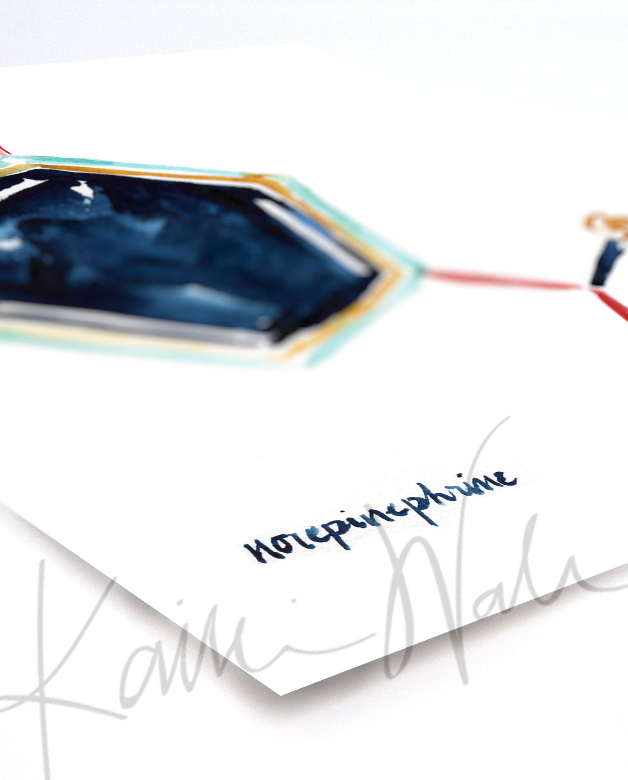 Unframed watercolor painting at an angle of the norepinephrine hormone structure in blues, yellow and reds.