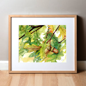 Framed watercolor painting of autumn leaves and acorns hanging from an oak tree.