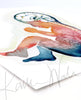 Unframed watercolor painting of a fetus showing the spine and brain in rainbow colors. The print is at an angle.