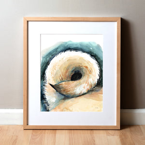 Framed watercolor painting of a zoomed in perspective of a dog tail. The curled pug's tail is tan and black.