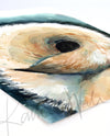 Unframed watercolor painting of a zoomed in perspective of a dog tail. The curled pug's tail is tan and black. The print is at an angle.