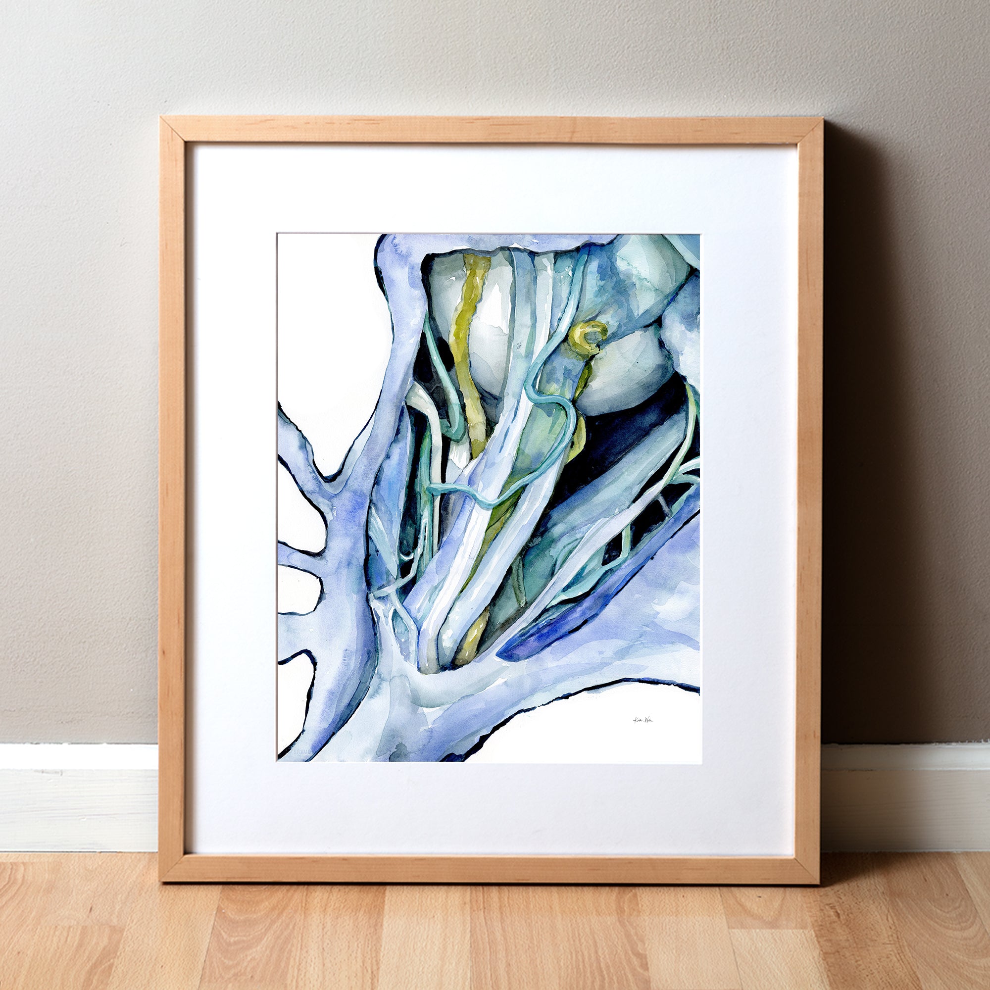 Framed watercolor painting of a dissection showing the orbital nerves and surrounding anatomy in blues, teals, and greens.