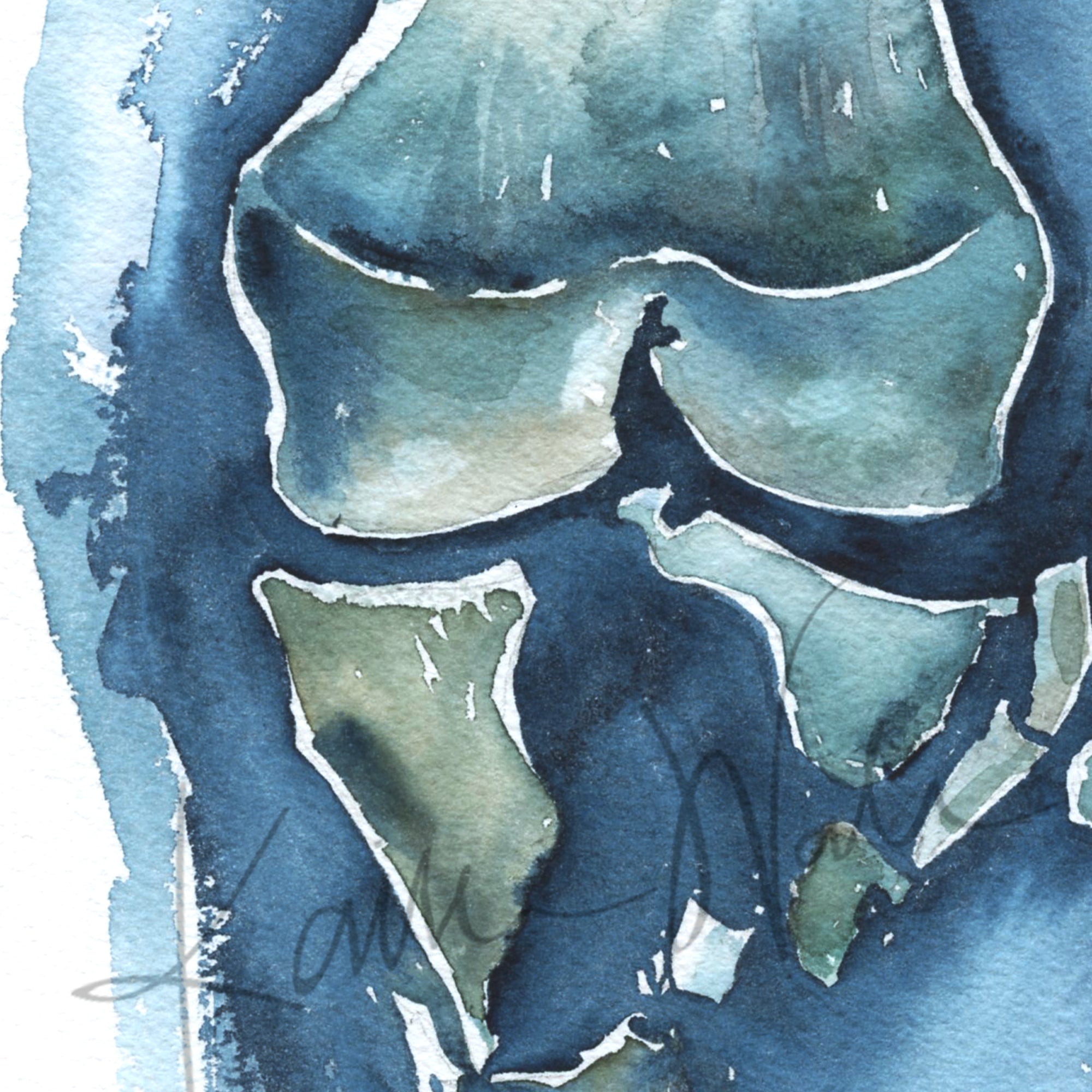Zoomed in view of an unframed watercolor painting of a shattered knee.