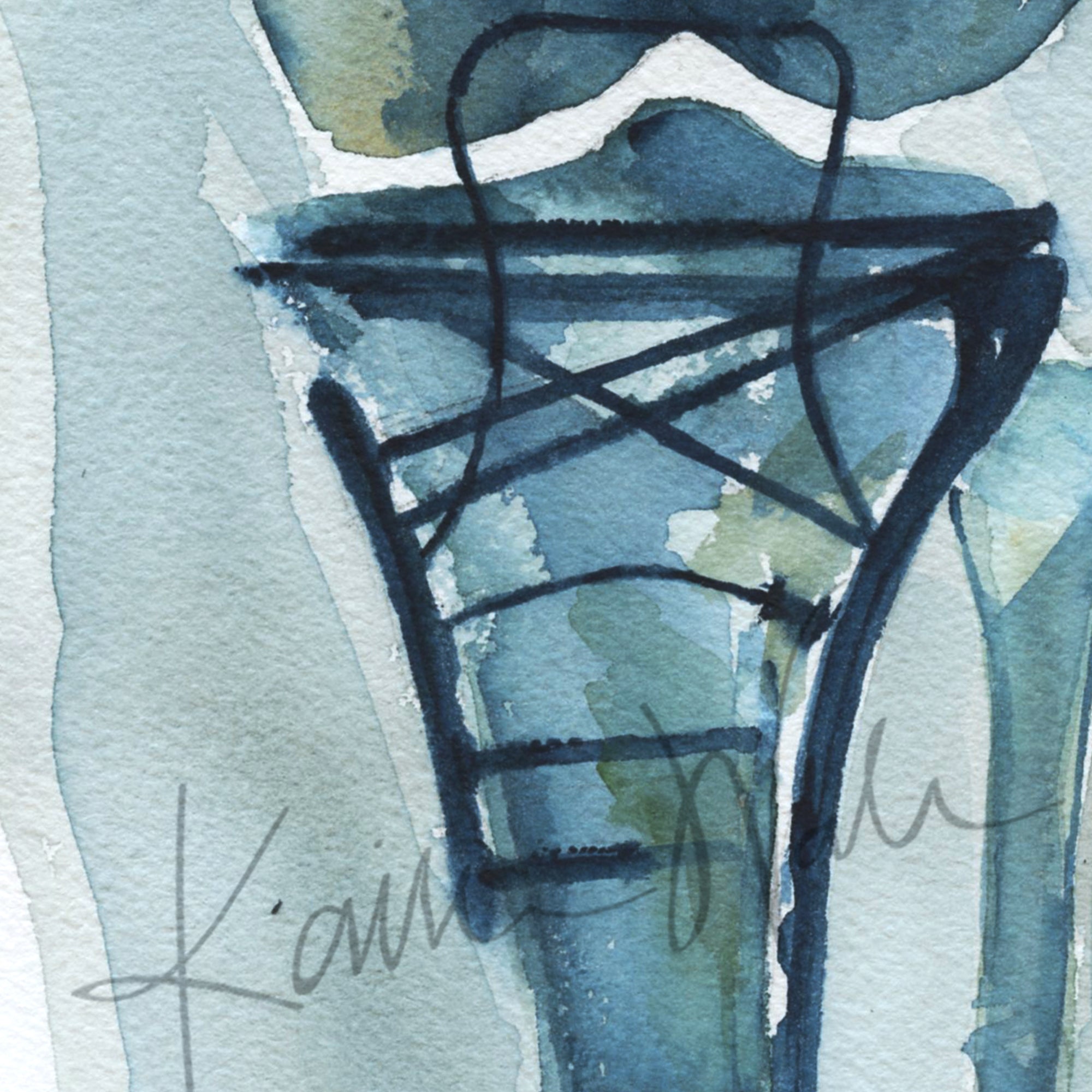 Zoomed in view of an unframed watercolor painting of a surgically repaired knee the hardware used to fix it.