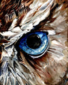 Unframed watercolor painting of a zoomed in perspective of an owl eye. The iris is blue and feathers around the eye are painted in tans and browns.