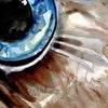 Up close view of a watercolor painting of a zoomed in perspective of an owl eye. The iris is blue and feathers around the eye are painted in tans and browns.