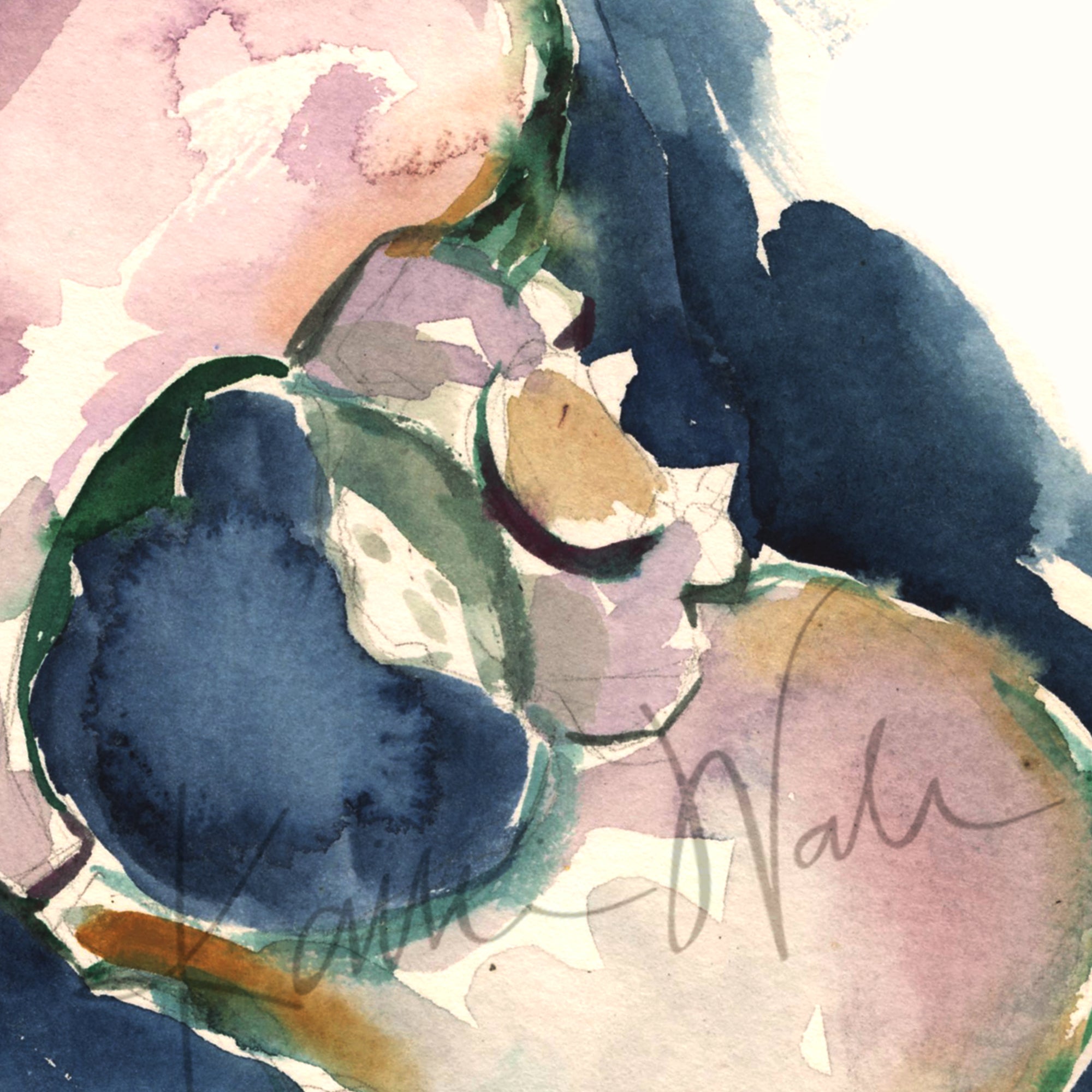 Zoomed in view of a watercolor painting showing a pelvis at an angle in purples, greens, browns, and navy blues.
