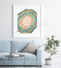 Framed watercolor painting of the histology of a plant leaf stem. The painting is hanging over a blue couch.