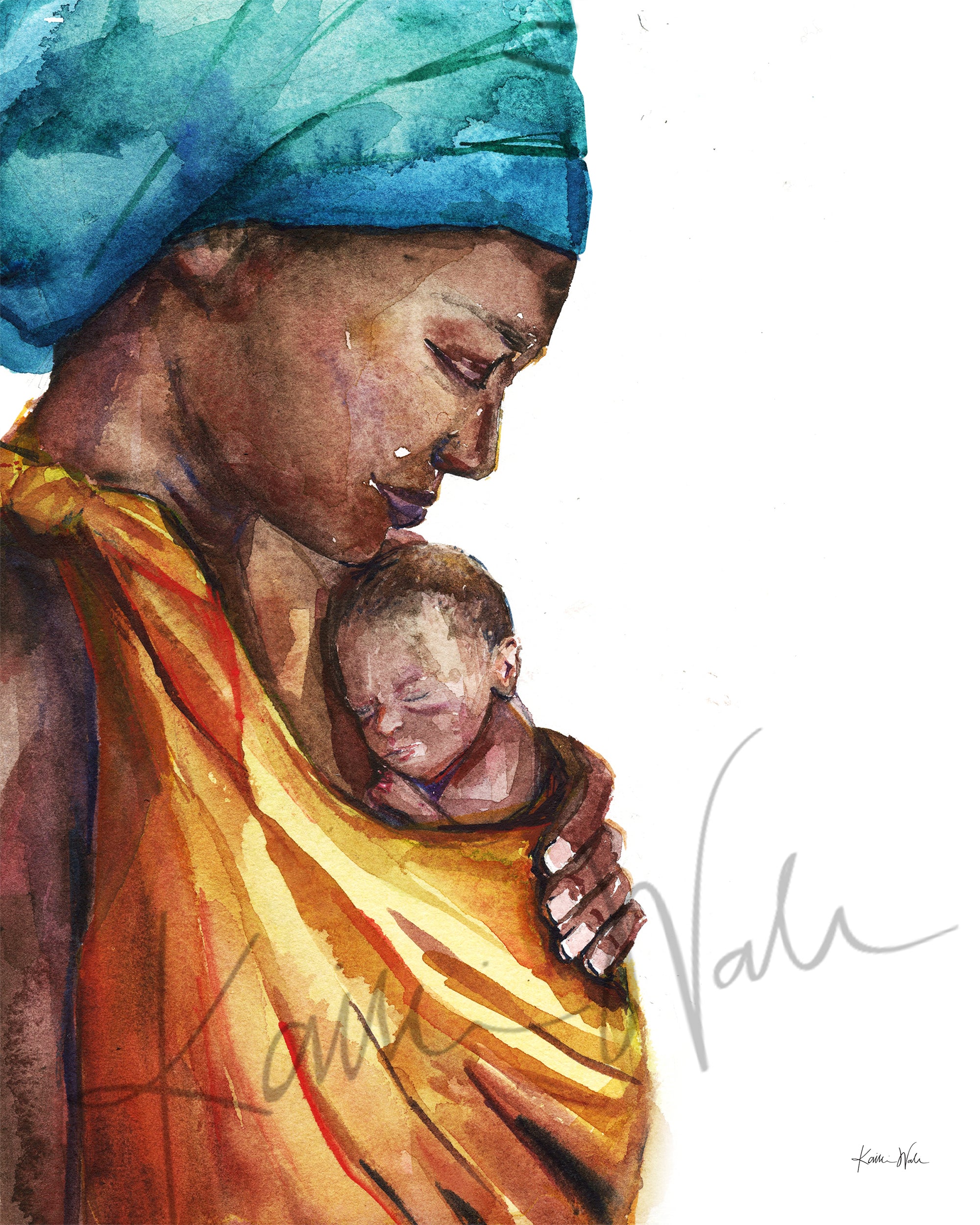 Unframed watercolor painting of an african woman holding her premature infant. She is wearing a teal head wrap and is wearing her child in an orange wrap.