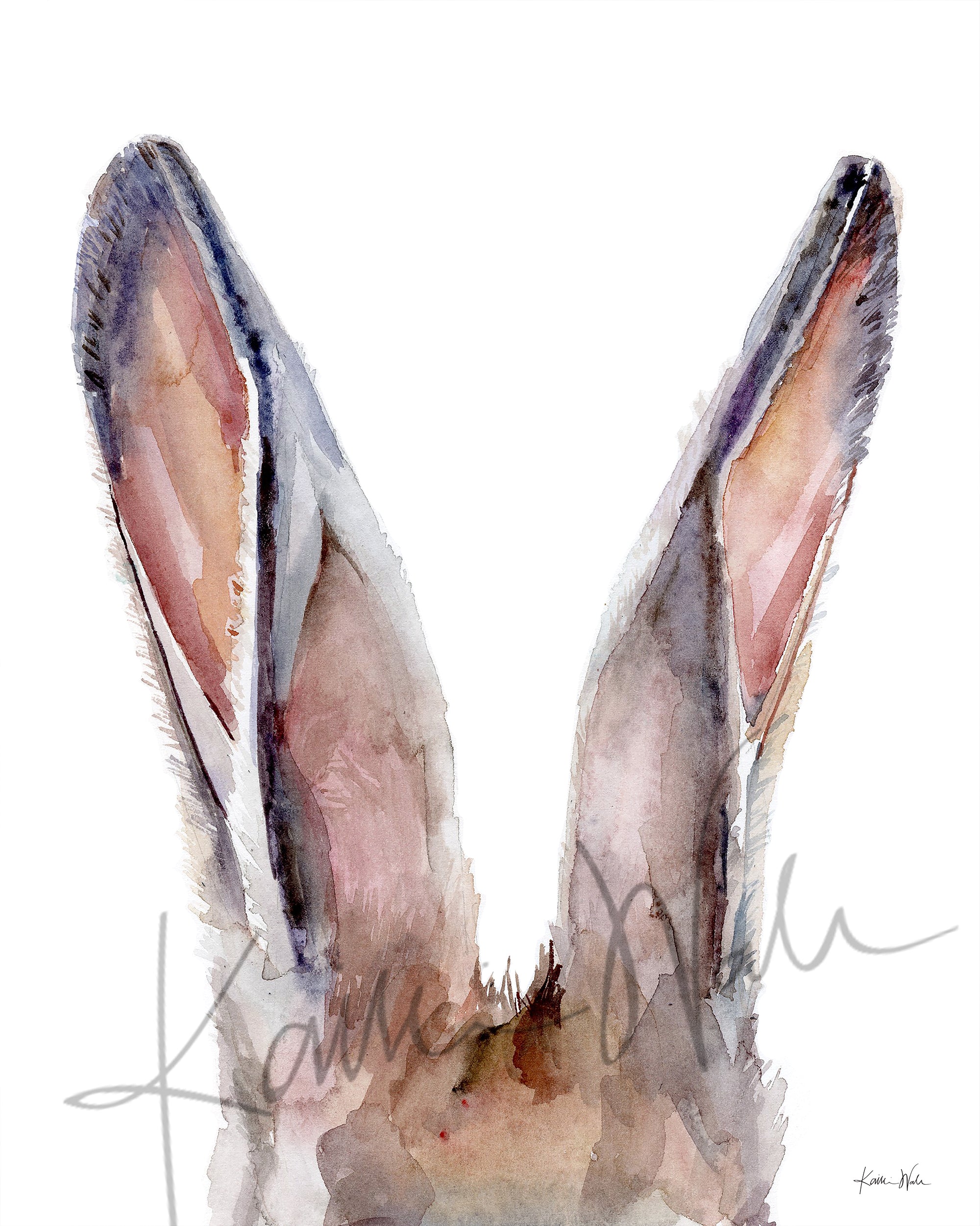 Unframed watercolor painting of a zoomed in perspective of rabbit ears in tans, pinks, and browns.