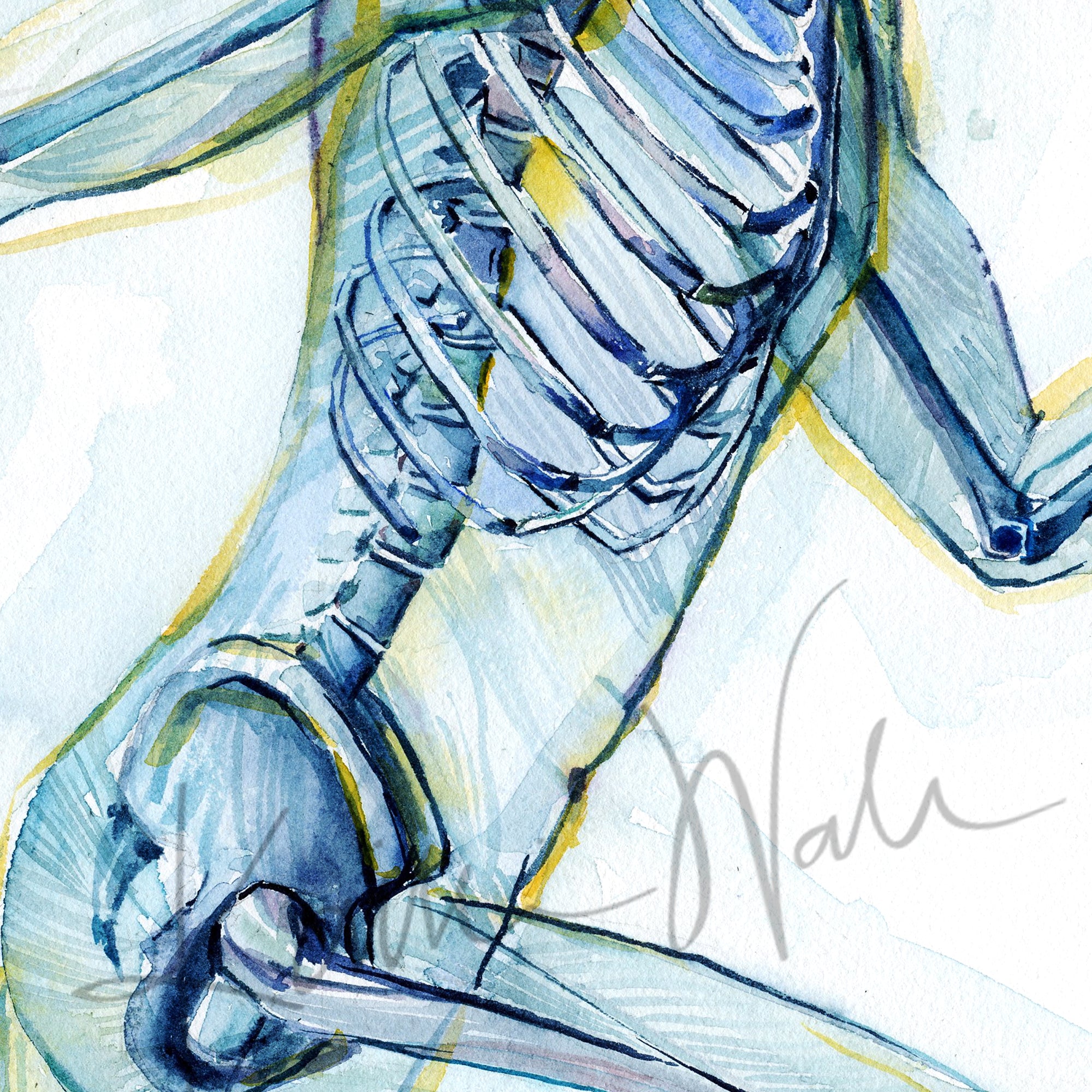 Zoomed in view of a watercolor painting of a runner, showing the skeletal structure beneath.
