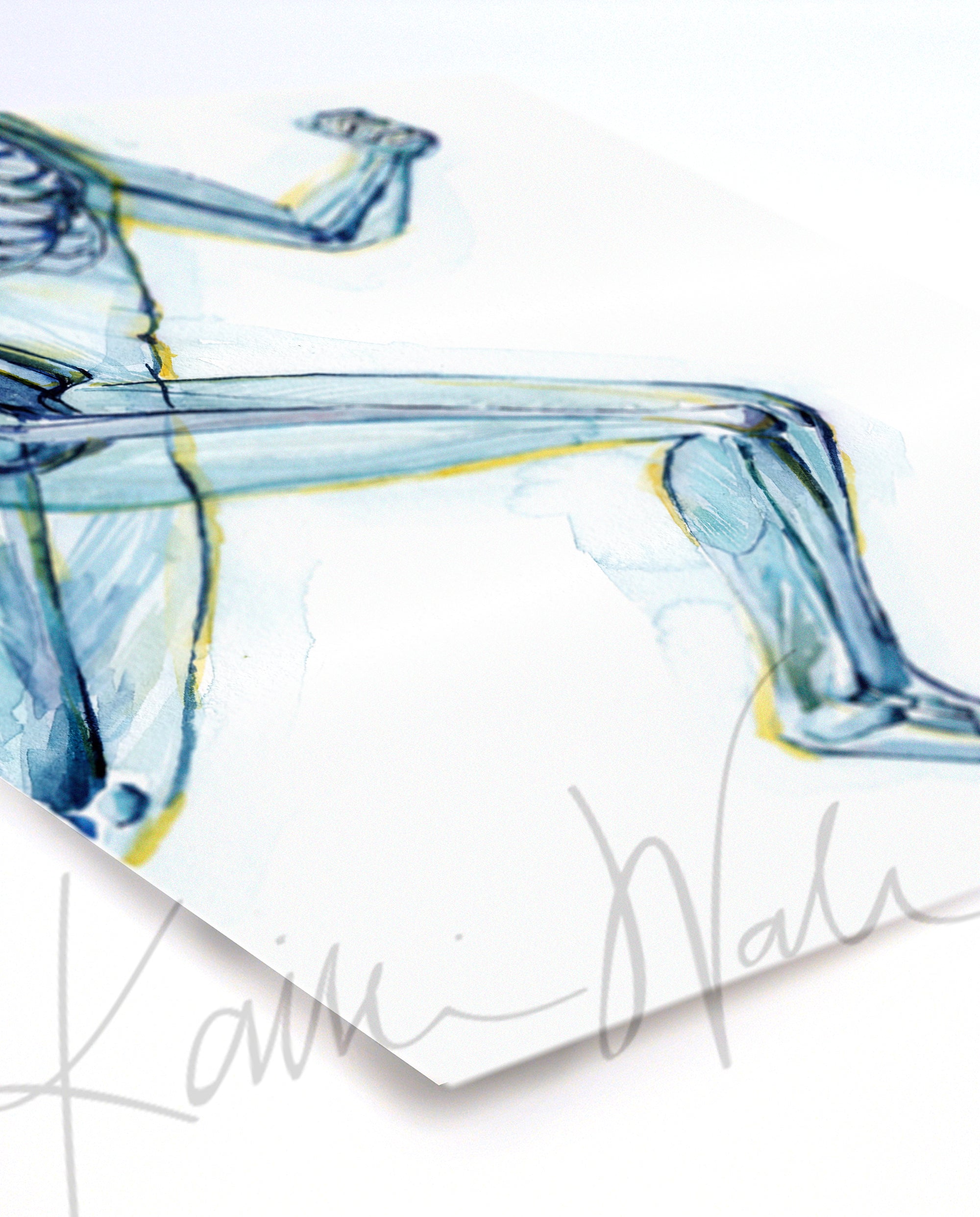 Unframed watercolor painting of a runner, showing the skeletal structure beneath. The painting is at an angle.