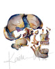 Unframed watercolor painting of a side view of an exploded skull.